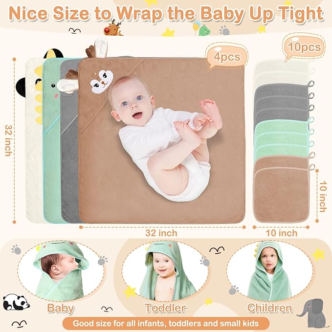 Flasoo 14 Pcs Baby Towels Set, Baby Towels and Washcloths Set,4 Pcs 32x32 in Cute Hooded Bath Towel & 10 Pcs Baby Washcloths for Infants, Toddlers and Kids - Dinosaurs, Pandas, Elephants & Moose