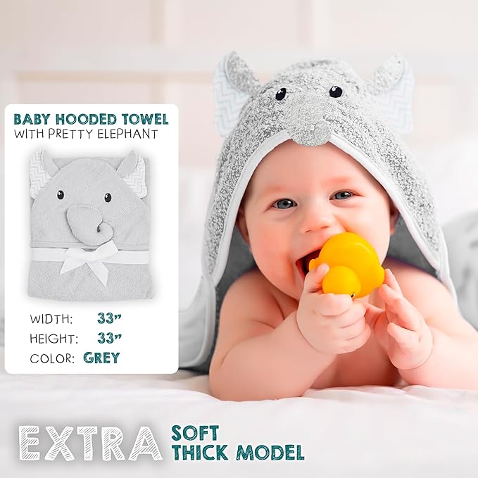 Hooded Baby Towels 33 x 33 Inch. White Terry Cotton Bath Towels Hooded with Bear Face and Ears. Hooded Towels for Baby. Soft Toddler Towels for Boy, Girl. Absorbent Hooded Towel