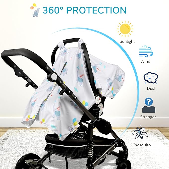 Baby Car Seat Cover, Peekaboo Opening Spring Car Seat Canopy for Baby Girls Boys, Mom Nursing Breastfeeding Covers, Blanket for Infant, Balloon Elephant (Grey)