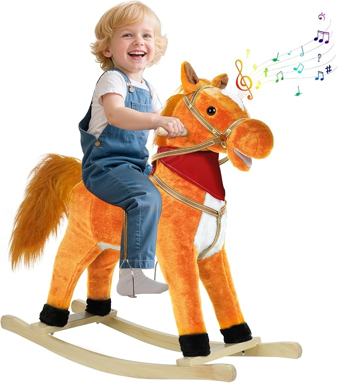 Rocking Horse Toy for Kids Plush Ride on Animal with Wooden Rockers, Moving Mouth and Wagging Tail, Musical Sounds, Baby Rocking Chair, 120kg Weight Capacity, Ages 1-6 Light Brown Small