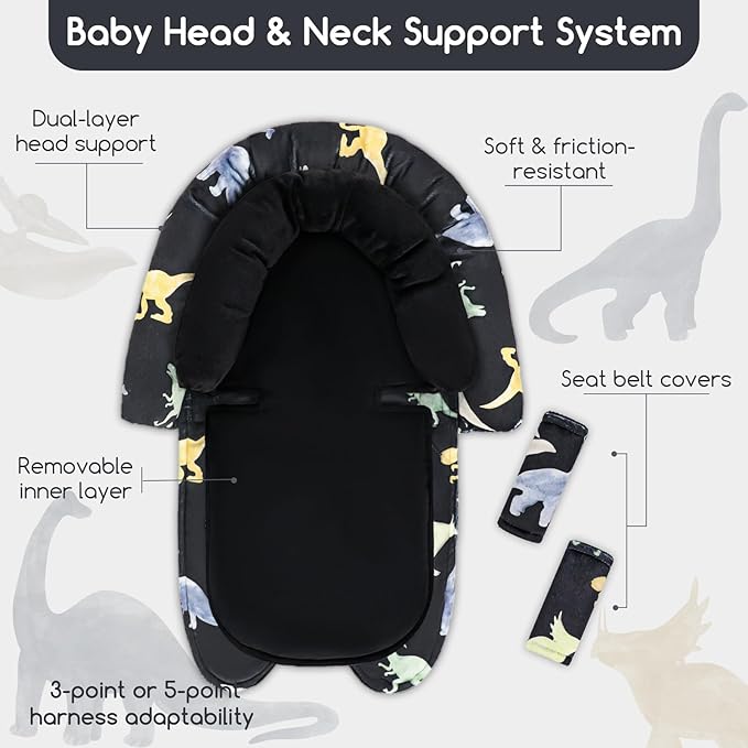 Infant Car Seat Insert & Strap Cover for Baby Boys, 2 in 1 Carseat Head Support Newborn, Ultra Soft Car Seat Cushion for Babies, Plush Fabric, Fit for Swing, Car Seat, Stroller, Bouncer, Black