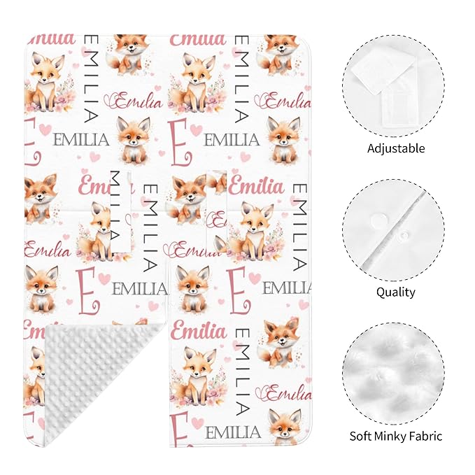 Personalized Baby Car Seat Cover Winter Custom Minky Carseat Cover Boy Girls with Name Fox Carseat Canopy Customized Car Seat Canopy Infant Carrier Covers Nursing Cover Toddler Blanket