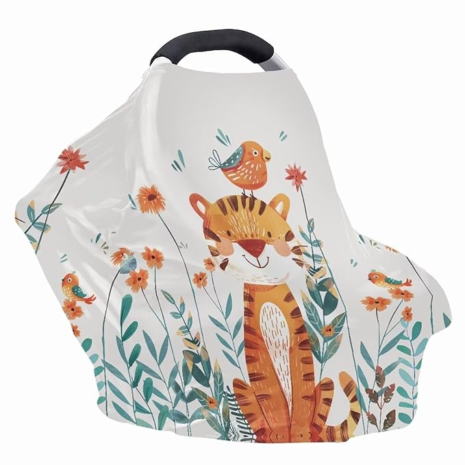 Forchrinse Cartoon Tiger Print Nursing Cover Breastfeeding Scarf Soft Car Seat Cover for Babies Animal Print Infant Carseat Canopy Multi-Use Cover Stroller Cover