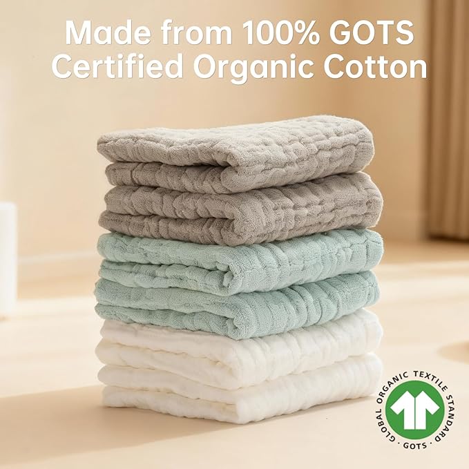 Organic Muslin Baby Washcloths 6 Pack Baby Bath Face Towel 12x12 Inch Extra Absorbent and Soft Burp Cloth and Wash Cloths for Newborn-Infants On Sensitive Skin (White Green Brown)