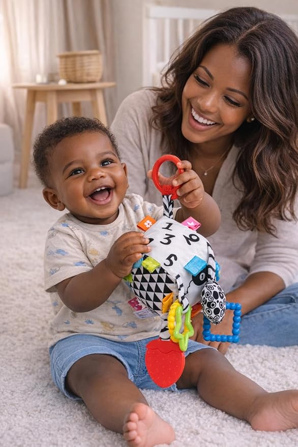Balibazoo Sensory Activity Cube for Babies 0-24M - High-Contrast Black & White Developmental Toy | BPA-Free Silicone Teether, Crinkle, Rattle Rings | Clip Attachment | Gift for Newborns