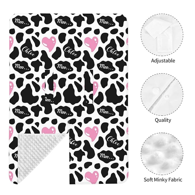 Personalized Cow Print Baby Infant Car Seats Canopy for Babies with Name, Custom Love Heart Lightweight Covers for Baby Boys Girls, Minky Nursing Breastfeeding Stroller Canopies for Newborn