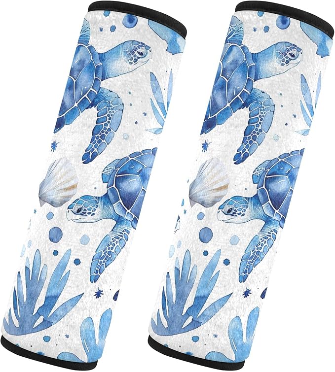 CHIFIGNO 2Pcs Seat Belt Covers Watercolor Blue Turtles and Shells Car Seat Strap Pads Cute Seatbelt Shoulder Pad for Adults Women Kids