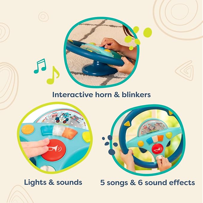 B. toys – Woofer's Musical Driving Wheel – Pretend Play Steering Wheel with Music, Sounds & Lights for Toddlers, Kids 2 Years+