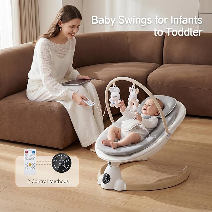 Baby Swing for Infants, Portable Electric Baby Swings with Bluetooth, 5 Swing Speed, 10 Lullabies, 5-Point Harness, Remote Control & Touch Panel - Infant Swing for Indoor & Outdoor Use, Wood Grain