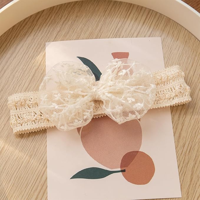 Lace White Bow-knot Baby Girls Headband Birthday Shower Infant Wrap Elastic Flower Baby Turban Hairband for Newborn Infant Toddler Kids (Ivory B, Elastic)