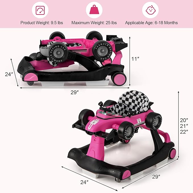 HONEY JOY 4-in-1 Baby Walker, Activity Push Walker w/3 Adjustable Heights, Smooth Wheels w/Adjustable Speed, Padded Seat, Music & Light, Foldable Car Walker for Baby Boys Girls Age 6 Months+ (Pink)