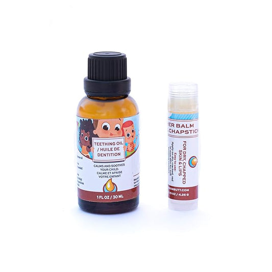 Punkin Butt Baby Teething Oil and Weather Lip Balm Bundle for Sore Gum Relief and Chapped Lips | All Natural, Organic, Safe for Infants, Chemical-Free | 1 Oz Oil