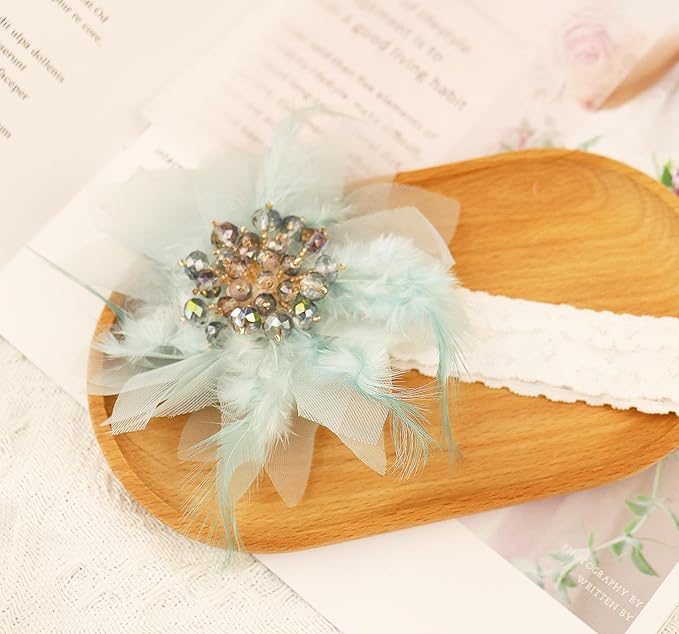 Bethynas Baby Girls Lace Feather Headband Beads Gauze Flower Elastic Toddler Hairband Birthday Party Princess Hair Accessories for Newborn Infant (Green)