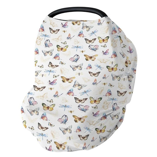 Boho Butterflies Dragonflies Baby Car Seat Covers Vintage Butterflies Stretchy 5-in-1 Cover Adjustable Infant Carseat Cover Canopy Garden Meadow Breathable Nursing Cover-Up