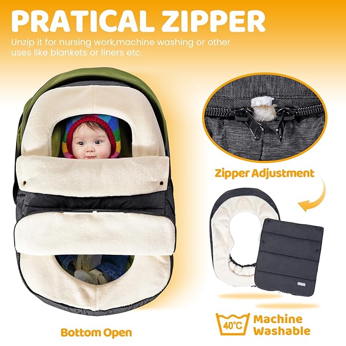 Orzbow Baby Car Seat Cover, Universal Winter Car Seat Cover with Adjustable Collar, Waterproof Carseat Covers Baby with Zipper, Warm Coral Fleece, Detachable and Machine Washable, Dark Grey