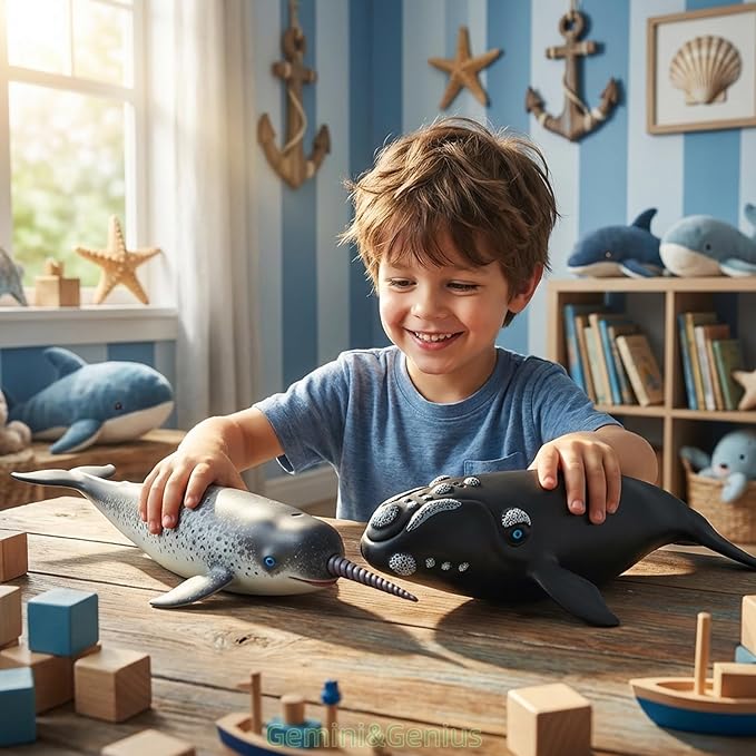 Gemini&Genius Narwhal Toy, Sea Animal Soft Plastic Marine Life Whale Action Figures Gift Great for Educational, Cake Topper, Swim, Bath Toys, Stocking Stuffers for Kids