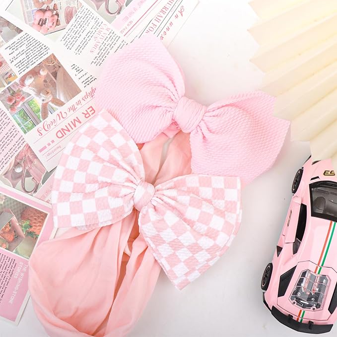 YanJie 2PCS 6’’ Light Pink Bows for Baby Girls Checkered Headband Pink Bow Infants Toddler Hair Accessories Newborn Headbands Hair Bow Baby Clothes