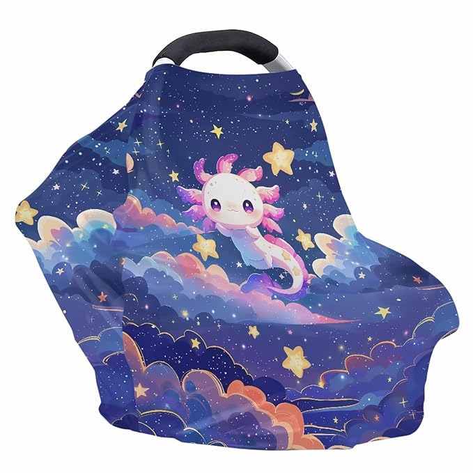 Biyejit Carseat Cover Girls, Multiuse - Nursing Breastfeeding Covers Car seat Canopy, Stretchy Soft Breathable-Starry Night Axolotl