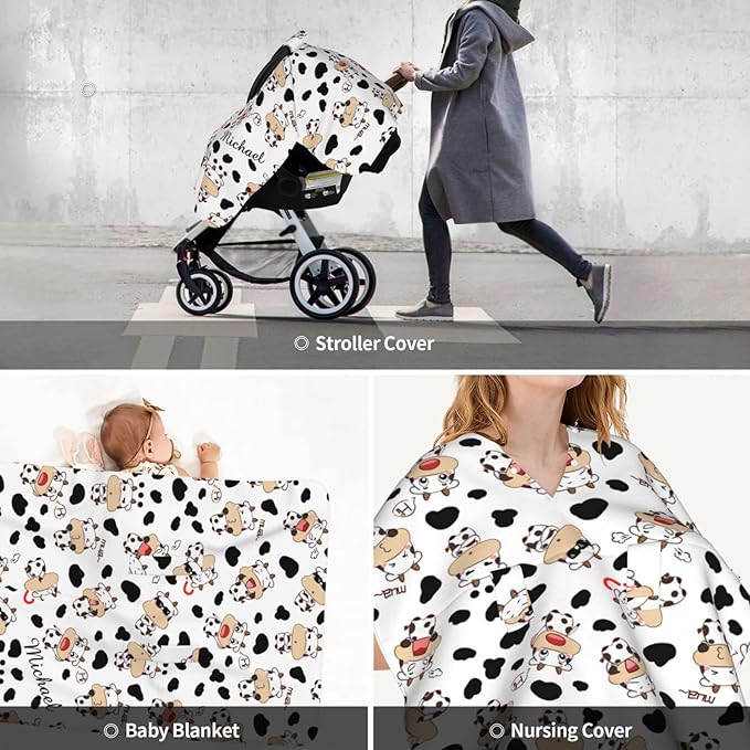 Personalized Cute Cow and Cow Spot Baby Infant Car Seats Canopy for Babies with Name, Custom Car Seat Covers for Baby Boys Girls, Peekaboo Minky Nursing Breastfeeding Stroller Canopies for Newborn