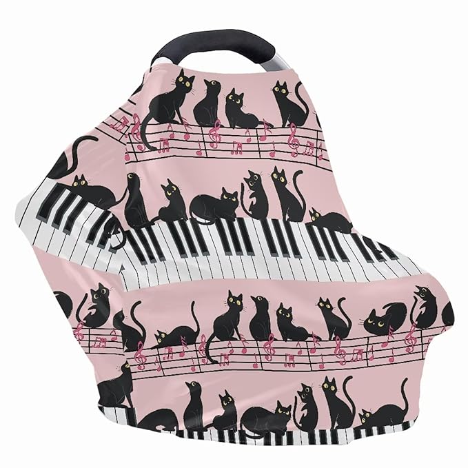 AFPANQZ Black Cat Piano Stretchy Baby Car Seat Covers for Boys Girls Infant Car Canopy Spring Autumn Winter Snug Warm Breathable Windproof Open Peep Top Universal Fit