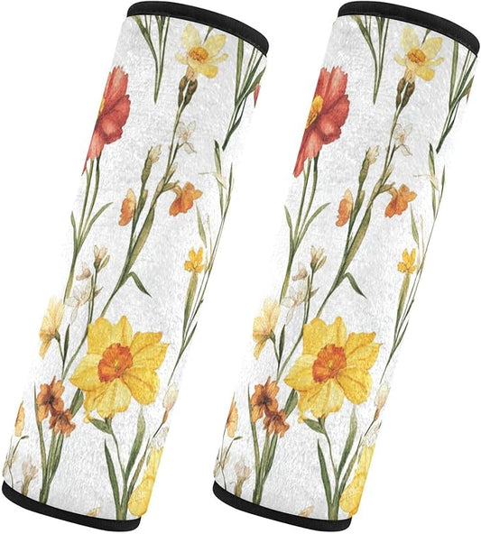 Car Seat Belt Covers 2 Piecing Breathable Camera Bag Strap Cover for Adults Child Kids S Fall Flowers Daffodil Carnation Freesia White