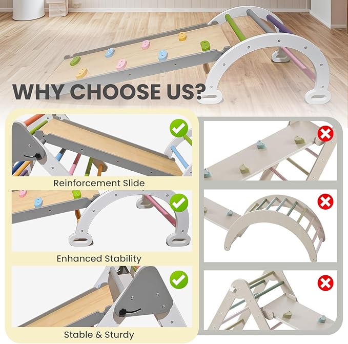 Pikler Triangle Climbing Set for Toddler 7 in 1 Rainbow Indoor Climber Set Foldable Montessori Wooden Climbing Toy with Ramp and Arch Indoor Gyms Playground for Toddlers Kids