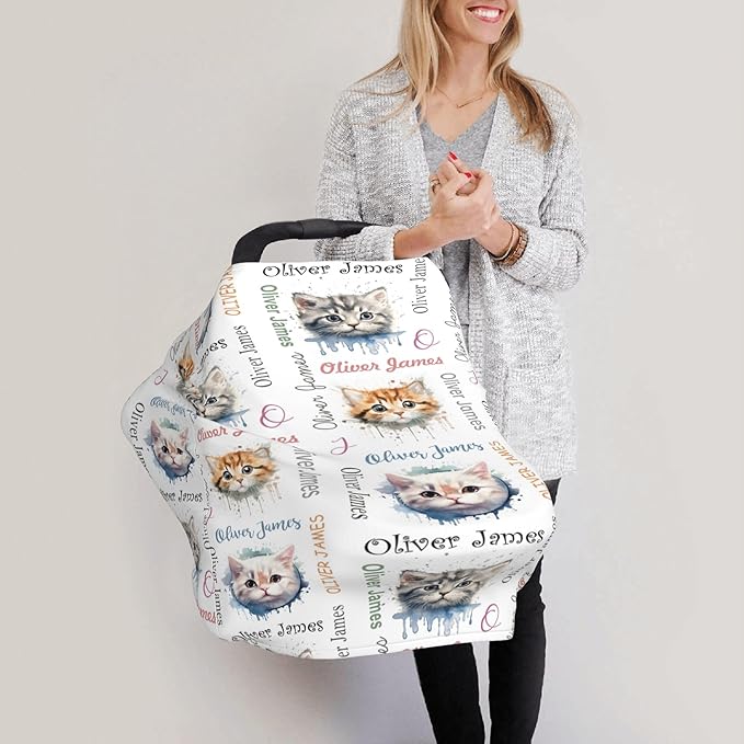 Personalized Car Seat Covers with Name, Cat Baby Canopy Carrier Cover, Breathable Breastfeeding Nursing Cover, Stretchy Multi-Use Infant Carseat Stroller Cover
