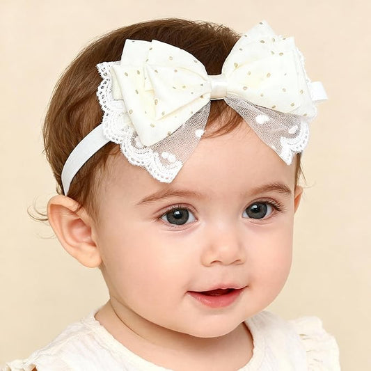 Baby Girls Hairbands bows Headband Stretchy Soft Flower Hairband Toddler Handmade Headbands with Pearls Elastic Headband for Infant Toddler Girl Hair Accessories (Lace Dot Bow, Elastic)