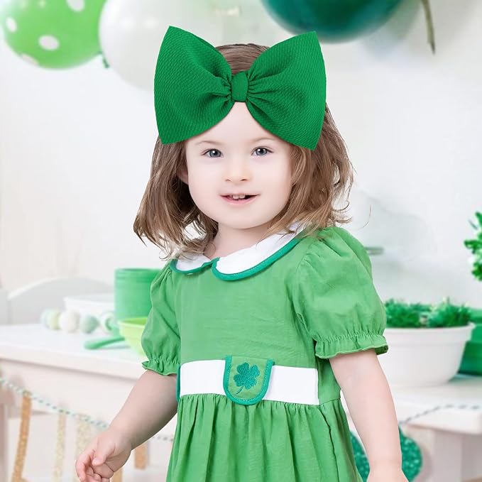 St. Patrick's Day 7 Baby Girl Nylon Hair Accessories: Clover Printed Elastics Bows Headbands for Newborn, Infant, Toddler (Green, 2Pcs)