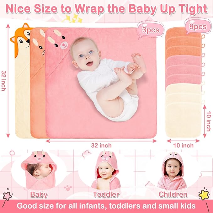 Sublaga 31x31 Inch Baby Hooded Towels, 12Pcs Baby Towels and Washcloths Set, Soft and Absorbent Baby Bath Towels, 3 PCS Cute 32x32 in Baby Towel with Hood and 9 Pcs Baby Washcloths for Boys and Girls
