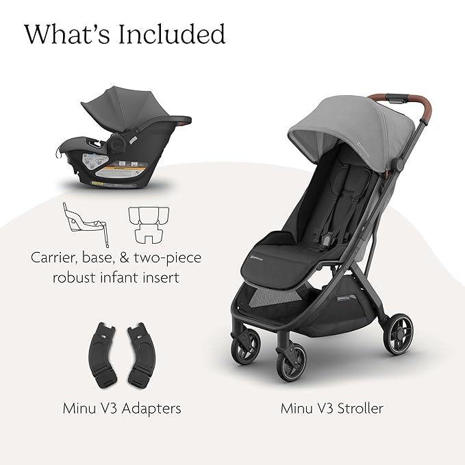 UPPAbaby Travel System, Includes Minu V3 Stroller + Aria Lightweight Car Seat Combo - Adapters, Car Seat, Base + Infant Insert Included – Greyson (Charcoal Mélange)