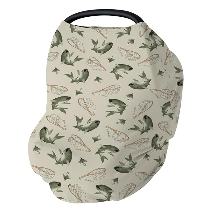 Gone Fishing Baby Car Seat Covers Vintage Bass Fishes Net Lake Stretchy 5-in-1 Cover Adjustable Infant Carseat Canopy Cover Fishing Lovers Gift Nursery Breathable Nursing Cover-Up