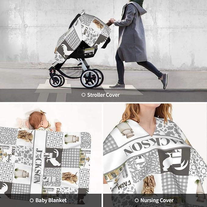 Personalized Baby Car Seat Canopy for Babies with Name, Custom Car Seat Covers for Boys Girls, Infant Opening Minky Nursing Breastfeeding Stroller Cover Carseat Canopies for Newborn (Farm Theme)