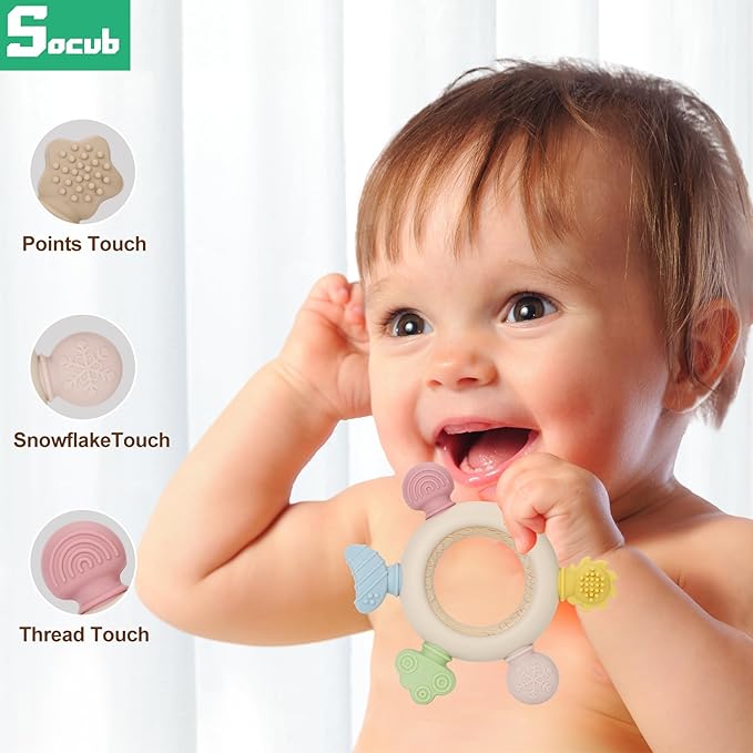 Socub 2 Pack Baby Teething Toys for Babies 0-6 Months, Silicone Teething Mitten and Wooden Ring Toy for Babies 6-12 Months, No Drop Teether Mitten and Ring Teether for Teething Relief(Dark Pink)