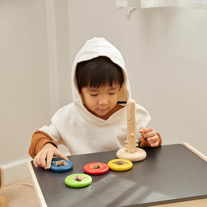 PlanToys® Twist & Sort Wooden Stacking Toy for Toddlers | Montessori Fine Motor Toy with Twistable Rod & Colorful Rings | Eco-Friendly Educational Puzzle for Kids Ages 2+