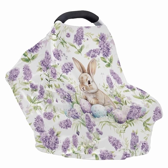 Biyejit Lavender Bunny Baby Multi-Use Cover Easter Car Seat Covers for Infant Car Seats, Nursing Cover for Breastfeeding, Shopping Cart Cover, High Chair Cover & More