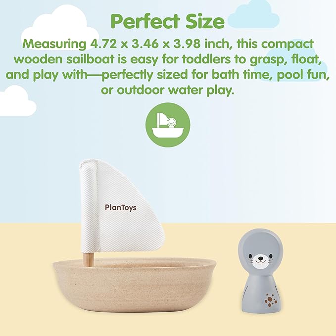 PlanToys® Wooden Sailing Boat Toy with Seal | Bath Time Water Toy for Floating Play, Imagination & Gentle Sensory Exploration | Eco Friendly Toy for Bath and Water Play