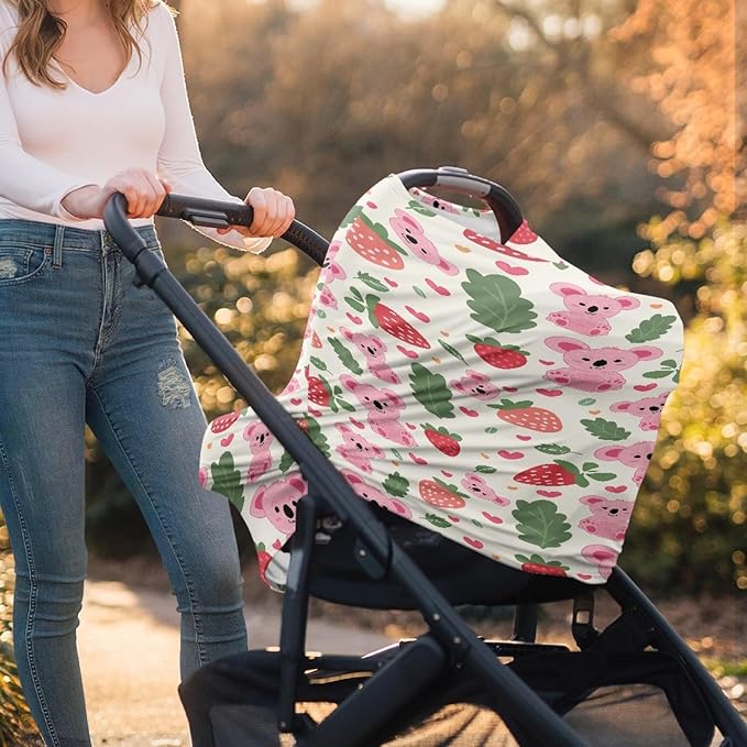 Wanyint Koala Strawberry Print Car Seat Cover for Babies Canopy Cover for Boys and Girls Nusring Cover for Breastfeeding Breathable Soft Carseat Canopy