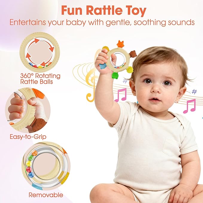 Baby Teething Toys for 3-6 6-12 Months, BPA Free Silicone Teething Rings Toys, Baby Teether Relief Chew Toy with Rattle, Sensory Toy for Infant Newborn, Babies Essential for Boys Girls 0-24 Months