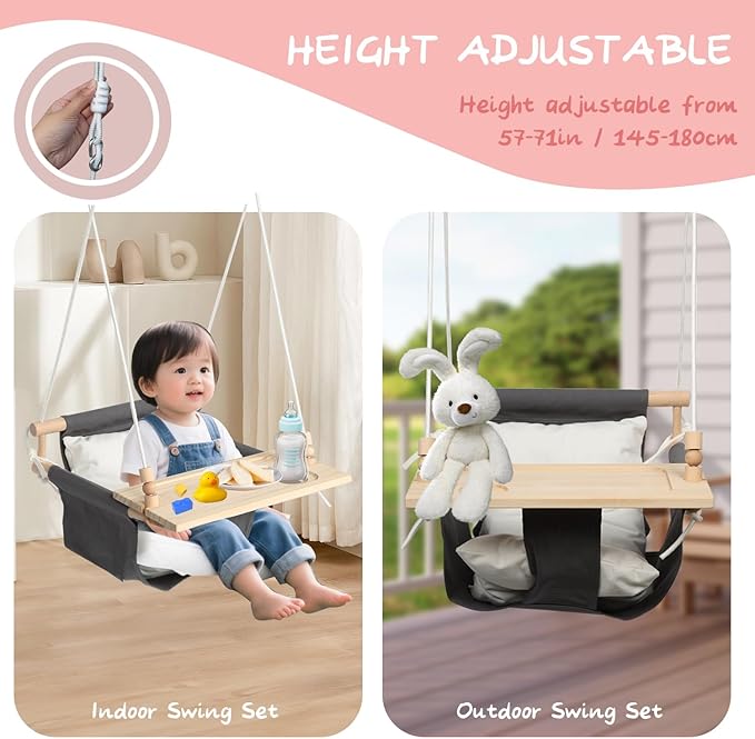 KINSPORY Toddler Swing with Soft Cushion, Safety Buckle & Detachable Tray, Adjustable 57~71'' Canvas Baby Swing, High Back Infant Seat for Children' Room, Backyard, Playground Set (Grey)