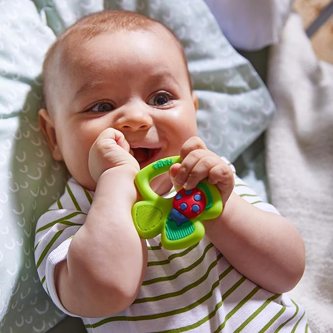 HABA Spring Teething Toys Bundle Includes: Easter Gifts for Babies Bunny Teether and St Patrick's Day Gifts Shamrock Silicone Baby Teething Toy, Infant Easter Basket Stuffers and Sensory Play