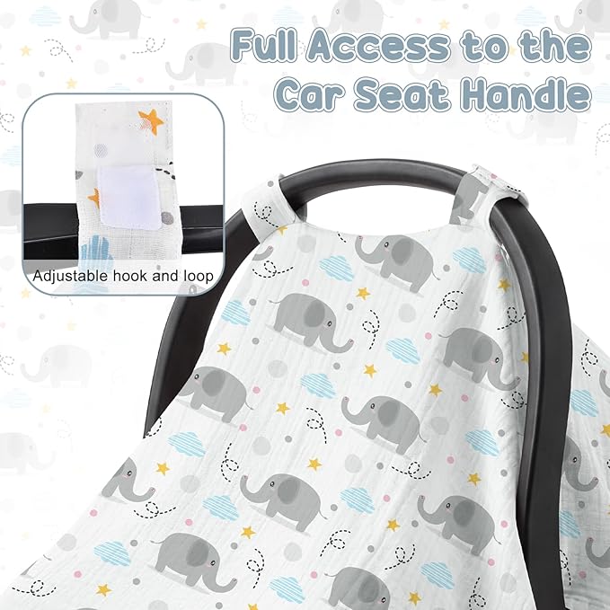 Car Seat Cover Baby, 100% Muslin Cotton Infant Car Seat Canopy, Universal Baby Car Seat Cover, Breathable Nursing Cover Canopy Shower Gift Gray Elephant