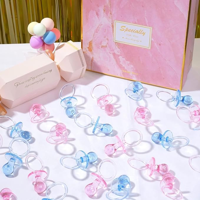 36 Pieces Acrylic Pacifiers for Baby Shower Games Boy Girl, 2.5'' Baby Shower Pacifiers, Bulk Pacifier for Hunt Games, Gender Reveal Table Scatter, Party Favors Decoration(Blue&Pink)