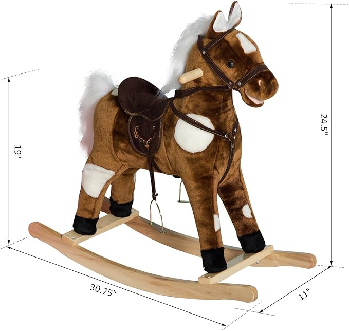 Qaba Kids Metal Plush Ride-On Rocking Horse Chair Toy with Nursery Rhyme Music - Dark Brown