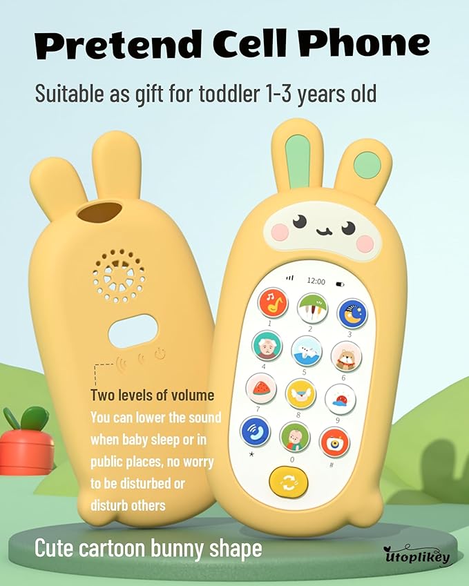 Baby Cell Phone Toy with Teething Silicon Mobile Phone Shell, Sensory Comfort Toys with 12 Learning Modes & Soothing Lullabies, Gift for Toddler Infants Baby Shower Birthday (Yellow Bunny)
