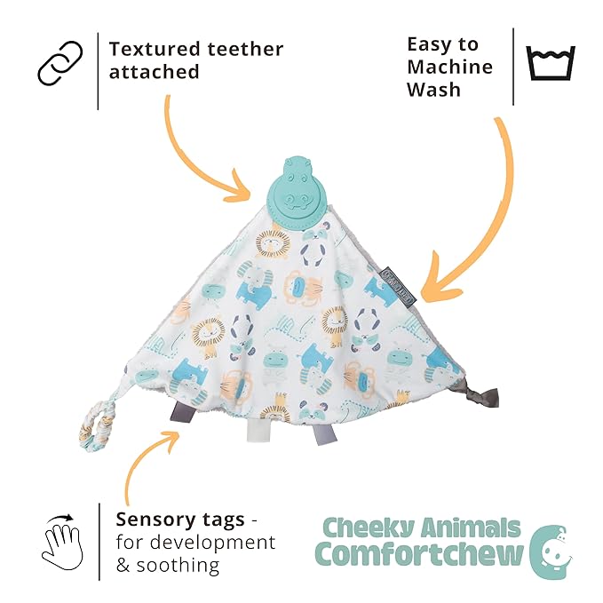Cheeky Chompers Comfortchew | Baby Lovey with Silicone Teether & Sensory Tags | Soft Fleece Material, Attachable Loop, Machine Washable (Cheeky Animals)
