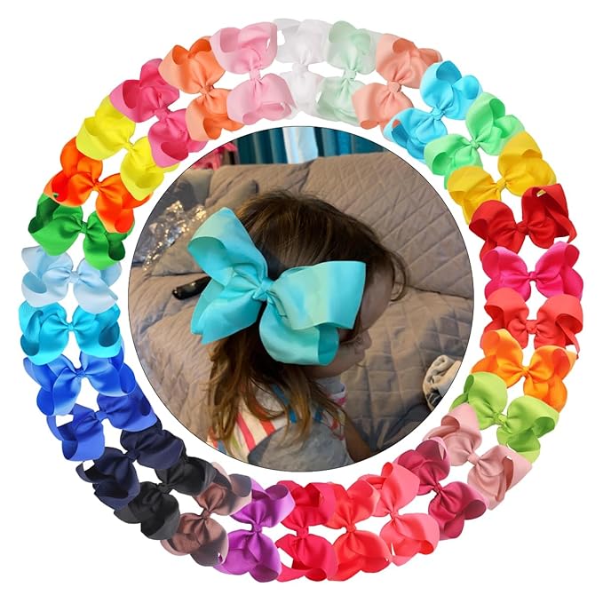 CÉLLOT 30Pcs Big 6 Inch Hair Bows for Girls Grosgrain Ribbon Bow Toddler Back to School Hair Accessories with Alligator Clips for Toddlers Schoolgirls Kids Teens