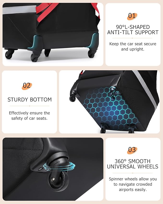 MCBD Car Seat Travel Bag for Airplane, Foldable Baby Carseat Backpack for Travel Padded Carseat Carrier for Airport Gate Check, Infant Stroller Cover with Reflective Strips