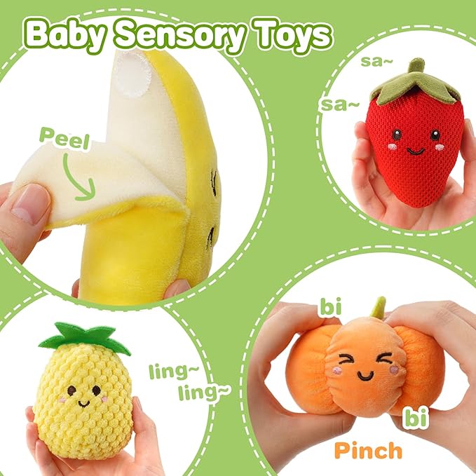Baby Sensory Toys, Montessori Learning Basket with Soft Sorting Play Food, Crinkle & Rattle Toys for 6-12 Months Infants, Fine Motor Skills Gift for 1 Year Old Boys Girls Sorting & Stacking Toys