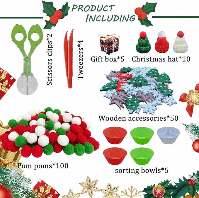 176 Pcs Christmas Sensory Bin Filler Fine Motor Toys Counting Sorting Winter Sensory Bin Items 100 Pom Poms 50 Wodden Ornaments 10 Xmas Knit Hats 5 Xmas Gift Boxes for Early Childhood Education